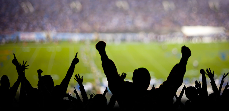 Crowd of cheering rugby fans at a stadium