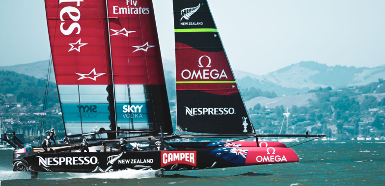 Team NZ catamaran travelling at speed